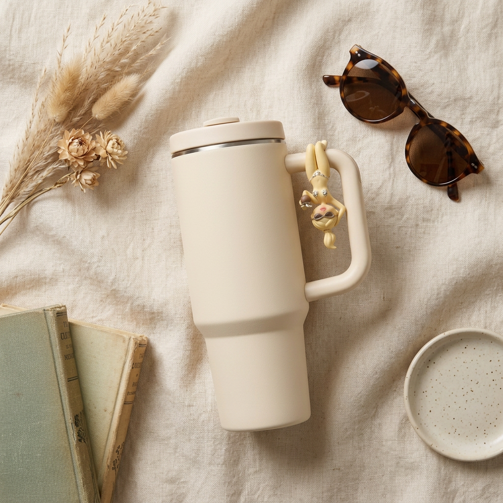 a clingy's charm hanging from a cream tumbler in a cozy flat-lay scene